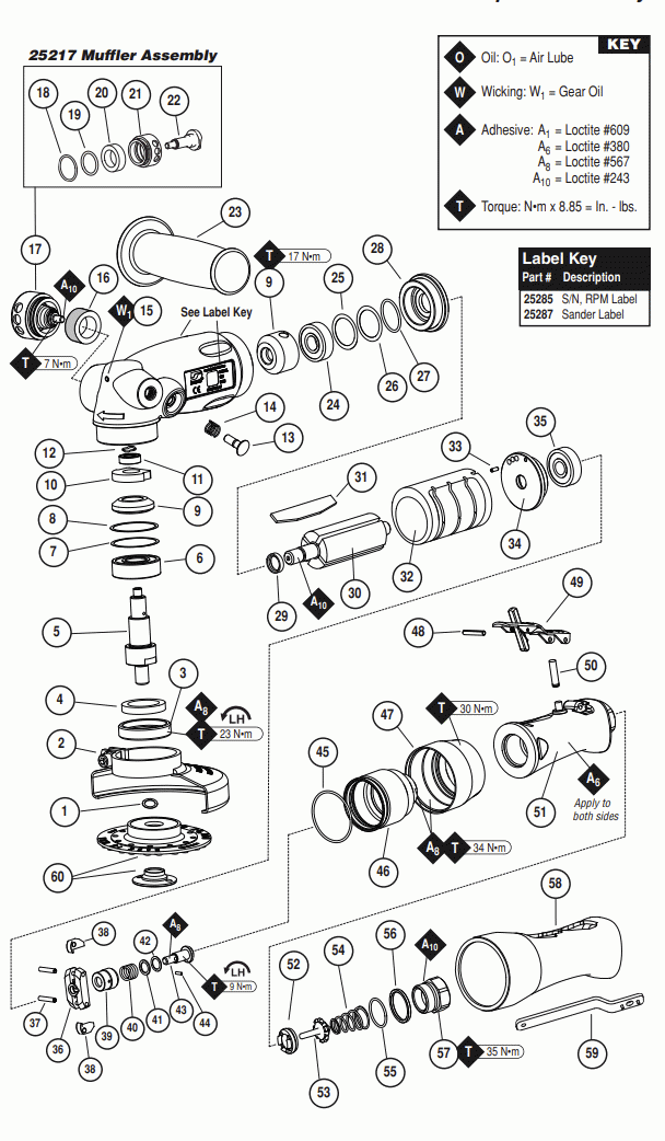 Section 1 Diagram and Parts List for 52624  Dynabrade Sander