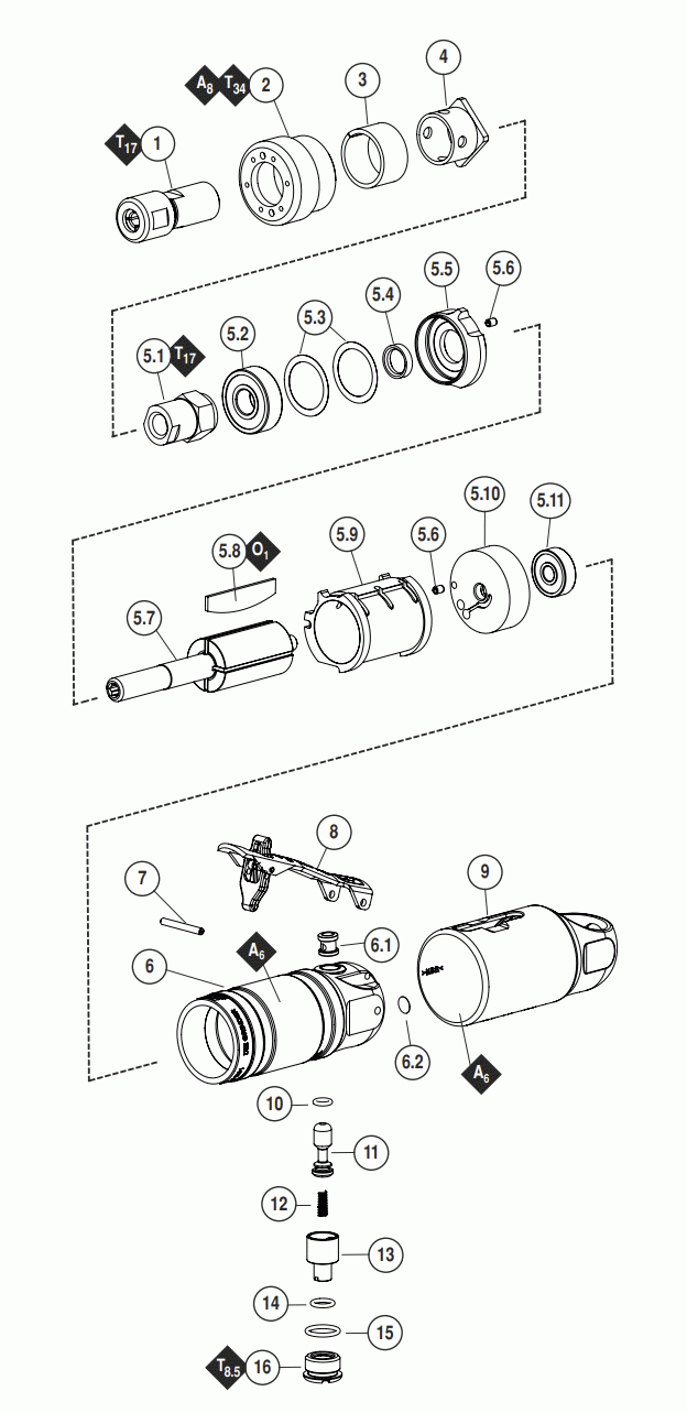 Section 1 Diagram and Parts List for 53809  Dynabrade Grinder