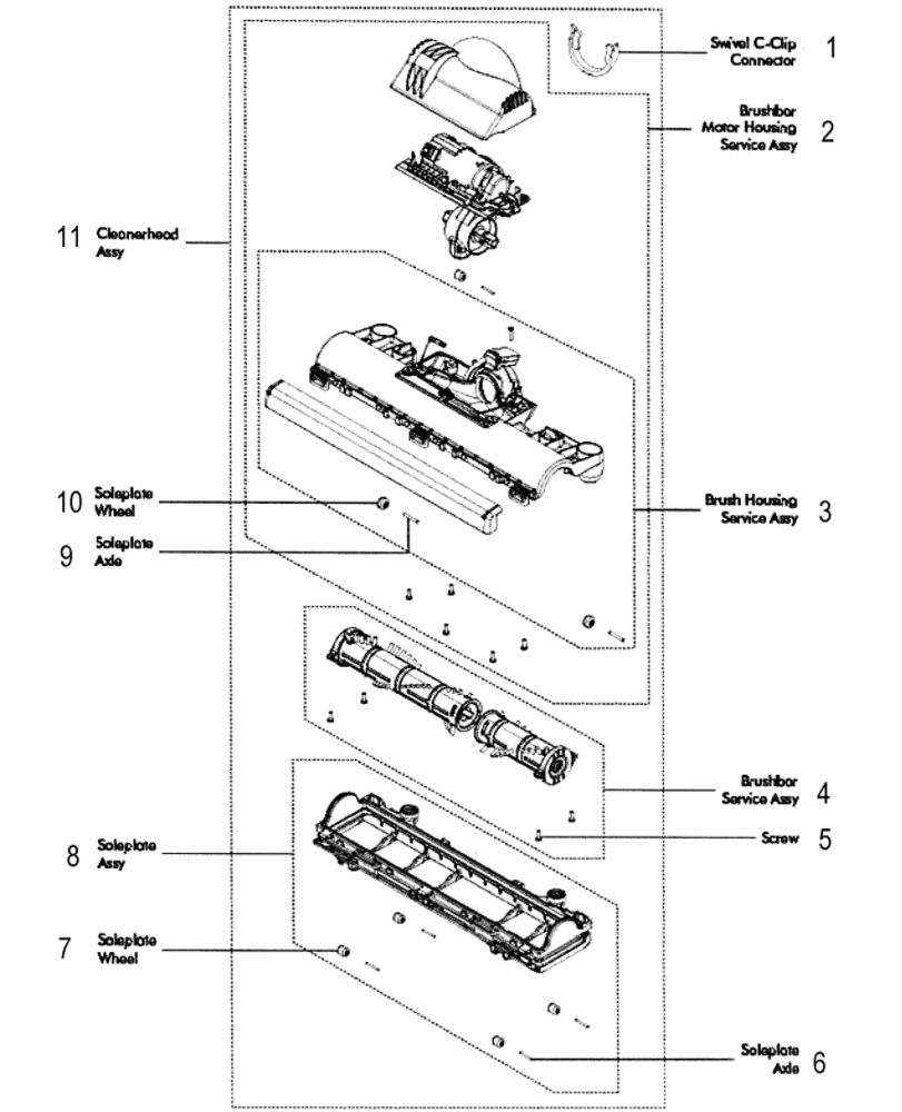 Brush Assembly Diagram and Parts List for 205472-01  Dyson Upright Vacuum