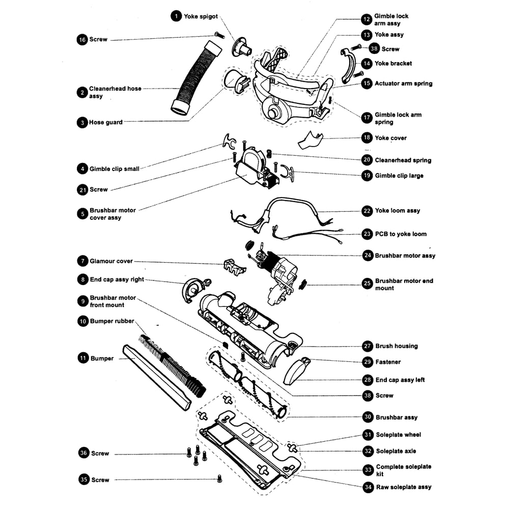Cleanerhead/Yoke Assy Diagram and Parts List for DC15BALL  Dyson Upright Vacuum