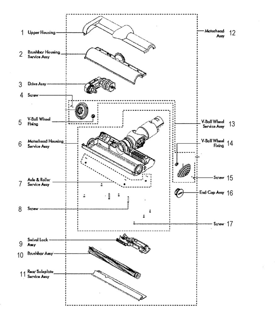 Motorhead Diagram and Parts List for V6-SV03  Dyson Hand Vacuum