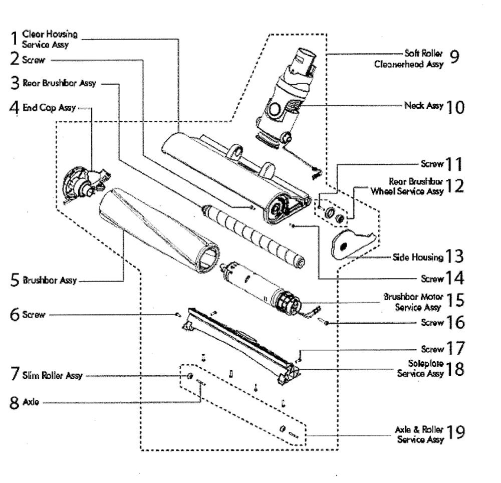Cleanerhead Assembly Diagram and Parts List for V6-SV09  Dyson Hand Vacuum