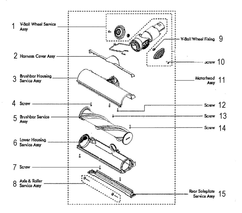 Motorhead Diagram and Parts List for V6-SV09  Dyson Hand Vacuum