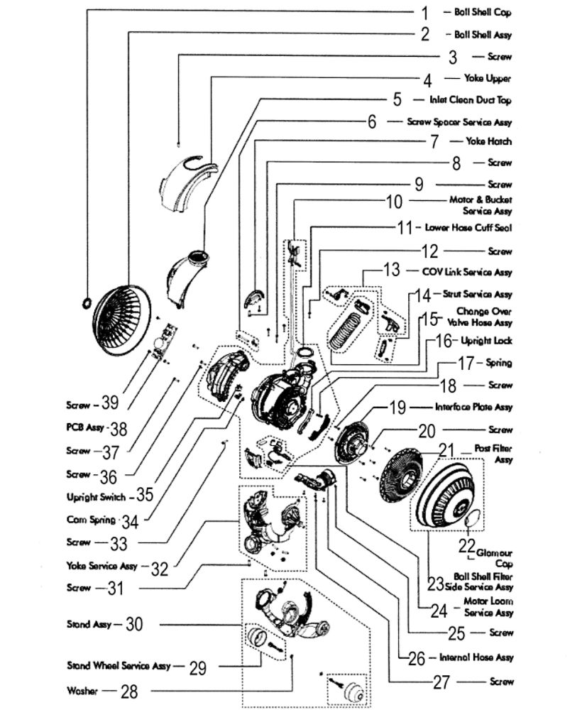 Motor Assembly Diagram and Parts List for 205472-01  Dyson Upright Vacuum