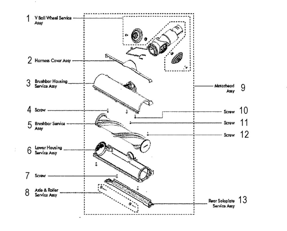 Motorhead Assembly Diagram and Parts List for V6-SV06  Dyson Hand Vacuum
