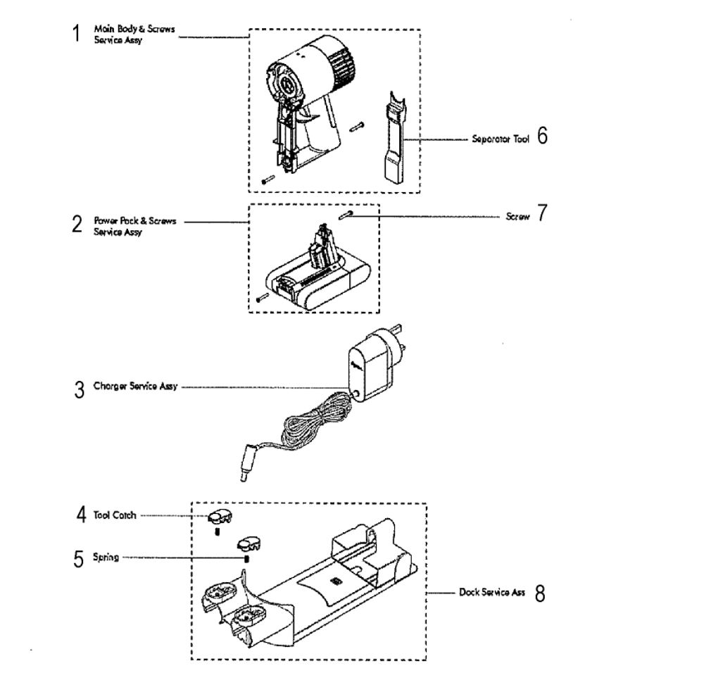 Body And Power Supply Diagram and Parts List for V6-SV04  Dyson Hand Vacuum