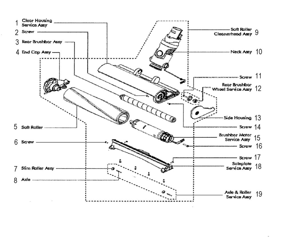 Cleanerhead Diagram and Parts List for V6-SV03  Dyson Hand Vacuum