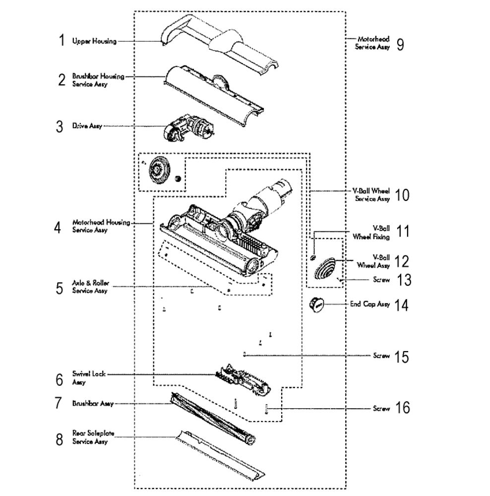 Motorhead Assembly Diagram and Parts List for V6-SV07  Dyson Hand Vacuum