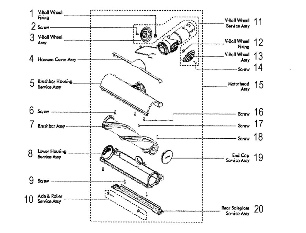 Brush Assembly Diagram and Parts List for V6-SV04  Dyson Hand Vacuum