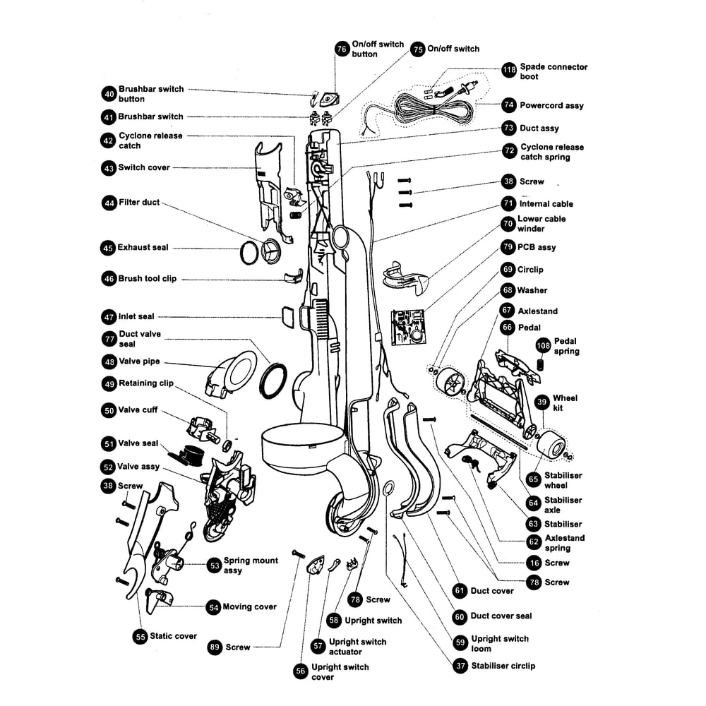 Duict Valve/Stabiliser Diagram and Parts List for DC15BALL  Dyson Upright Vacuum