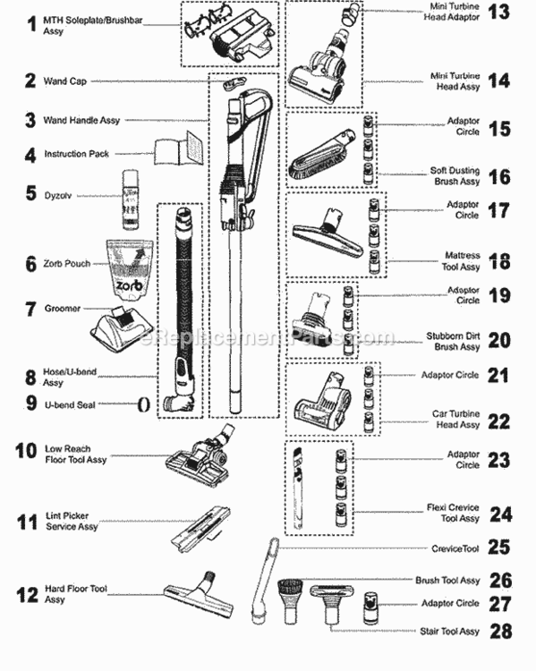 Page G Diagram and Parts List for DC15  Dyson Upright Vacuum
