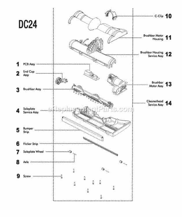 Page A Diagram and Parts List for DC24  Dyson Upright Vacuum