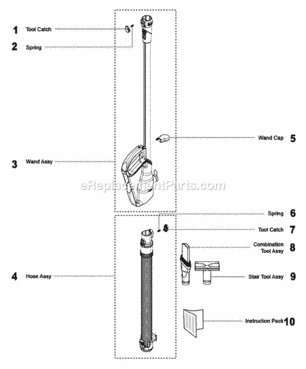 Wand Diagram and Parts List for DC25  Dyson Upright Vacuum