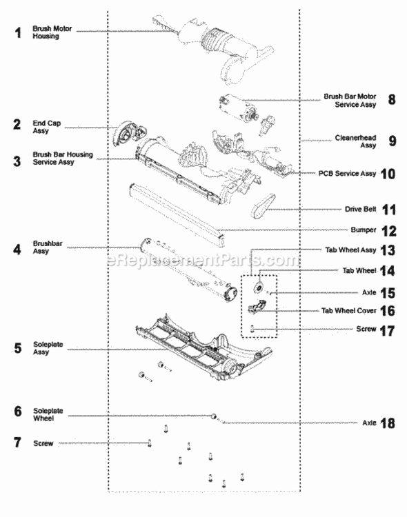 Brush Roll / Cleaner Head Diagram and Parts List for DC25  Dyson Upright Vacuum