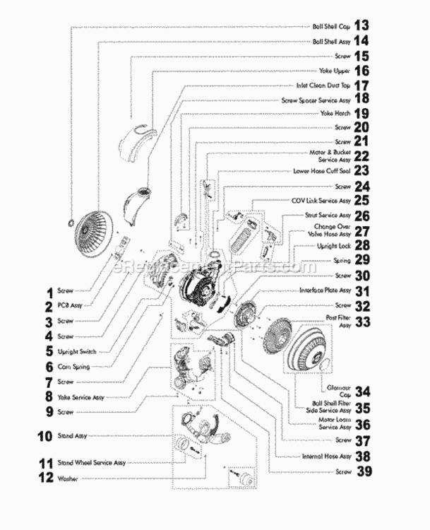 Page C Diagram and Parts List for DC65  Dyson Upright Vacuum