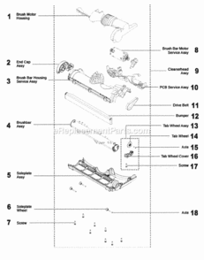 Brush Roll / Cleaner Head Diagram and Parts List for DC25  Dyson Upright Vacuum