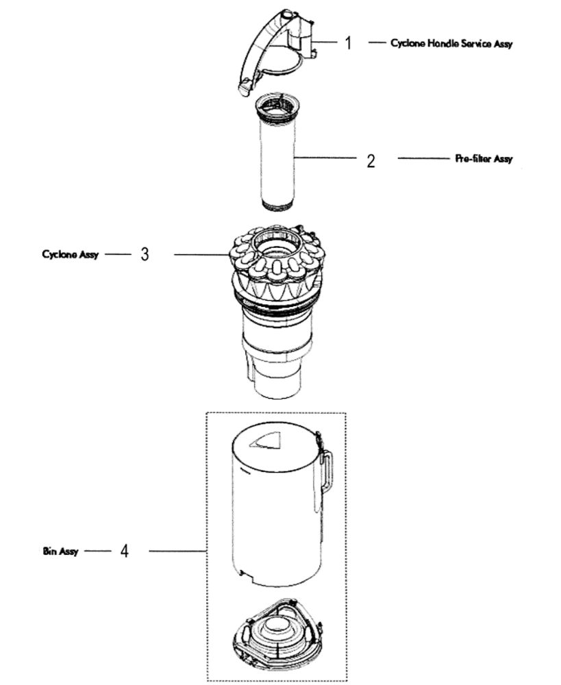 Cyclone Assembly Diagram and Parts List for 205472-01  Dyson Upright Vacuum