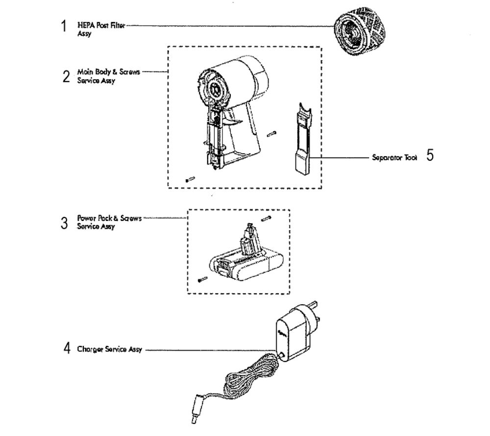 Body And Power Supply Diagram and Parts List for V6-HH08  Dyson Hand Vacuum