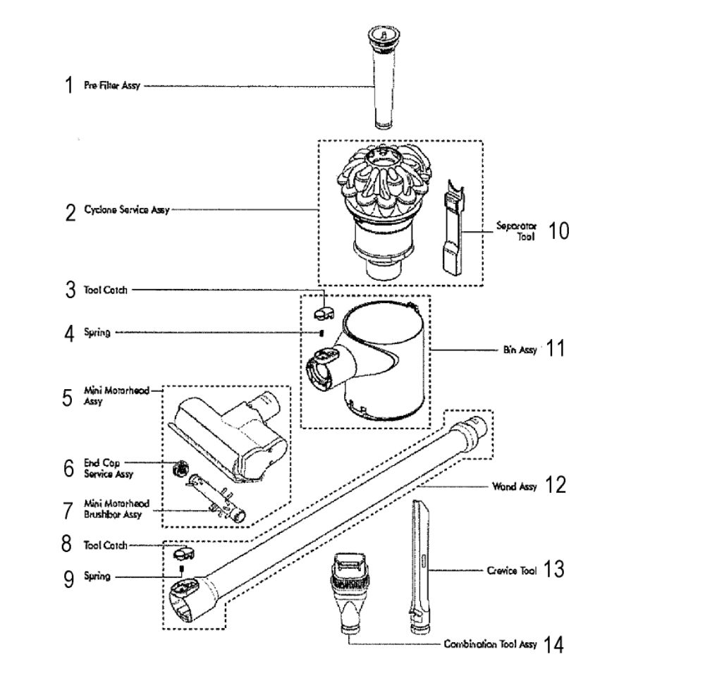 Cyclone Diagram and Parts List for V6-SV07  Dyson Hand Vacuum