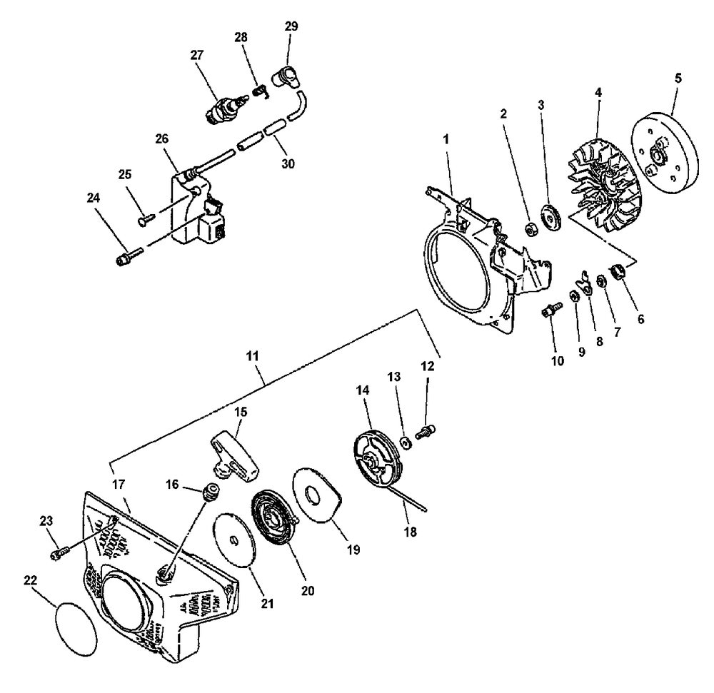 Ignition, Starter Assembly. Diagram and Parts List for CS-6700 Type 1E Echo Chainsaw