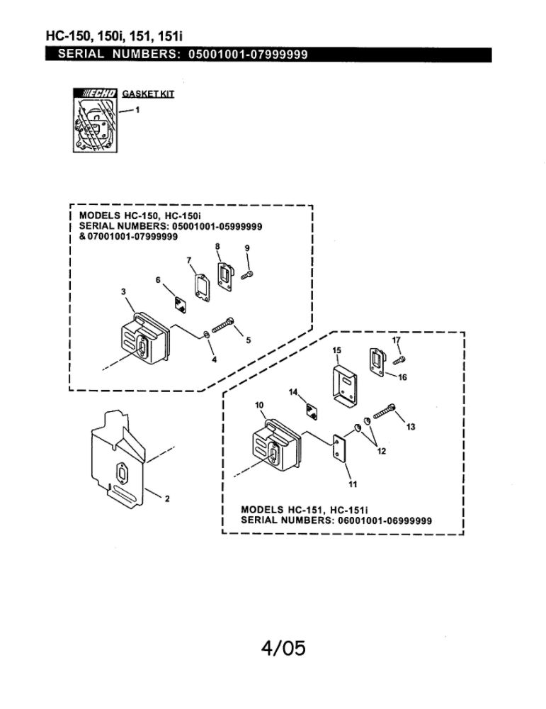 Exhaust Diagram and Parts List for HC-151I 05001001-07999999 Echo Hedge Trimmer