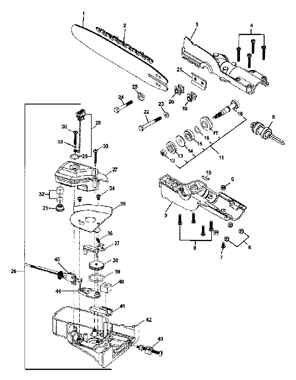 Gearcase, Oiler Assembly, Guide Bar, Chain Diagram and Parts List for PPFD-2400 001001 - 501000 Echo Pole Saw
