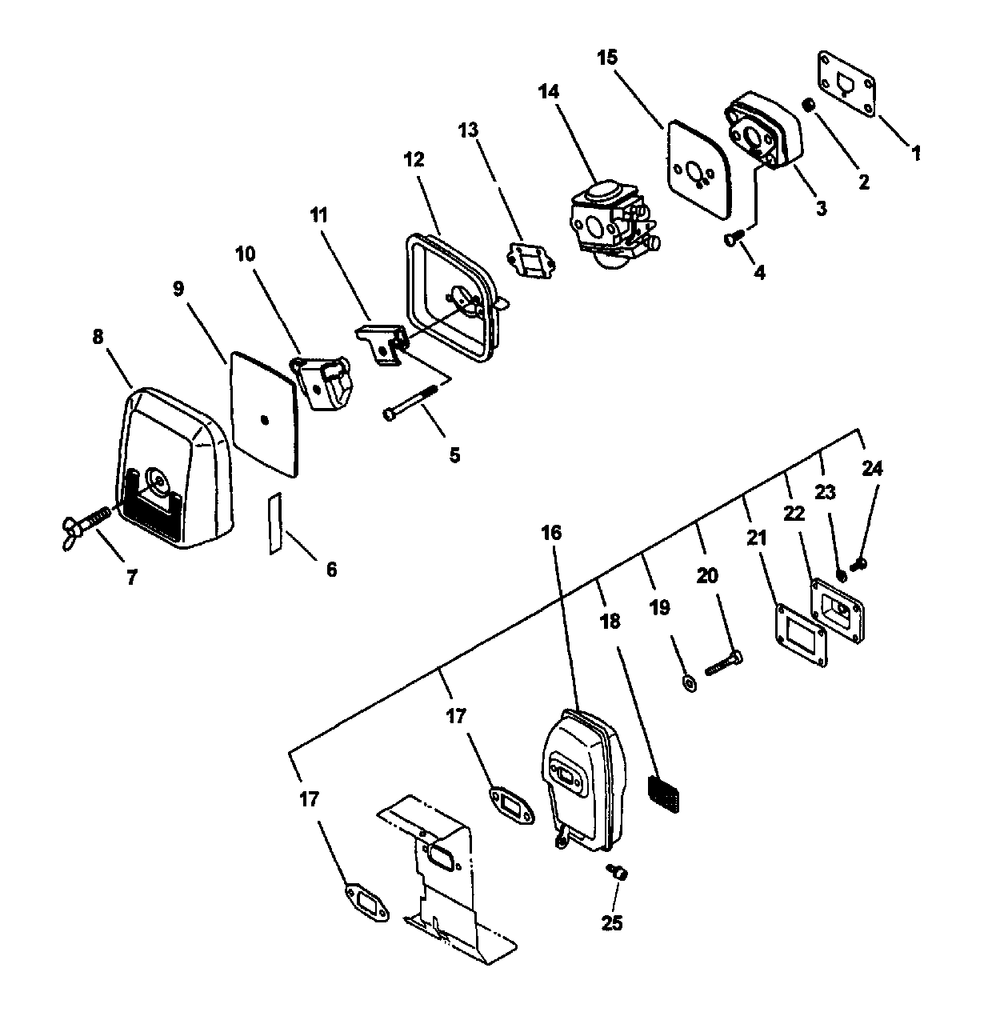 Intake, Air Cleaner, Exhaust Diagram and Parts List for PB-24LN Type 1E Echo Leaf Blower / Vacuum