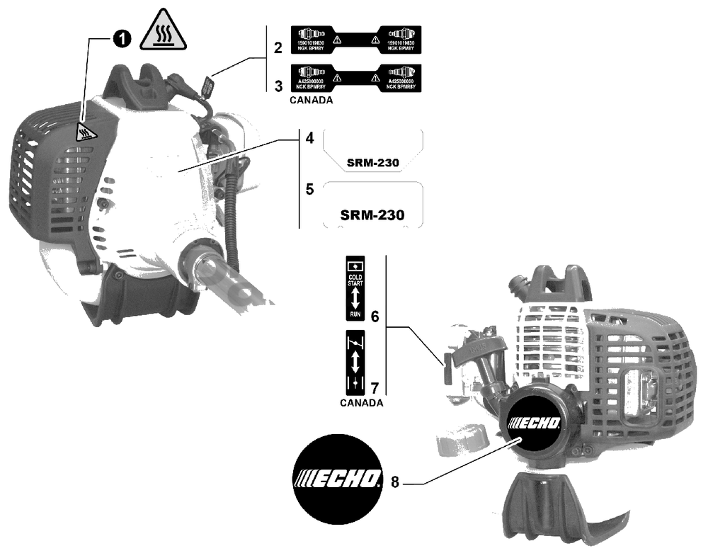 Labels Diagram and Parts List for SRM-230 S73112127552 - S73112328927 Echo Trimmer