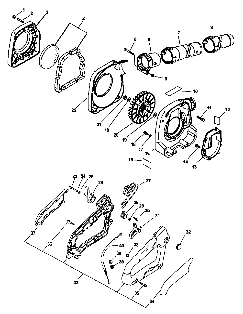 Fan, Housing, Pipes, Handle, Throttle, Stop Switch Diagram and Parts List for PB-24LN Type 1E Echo Leaf Blower / Vacuum