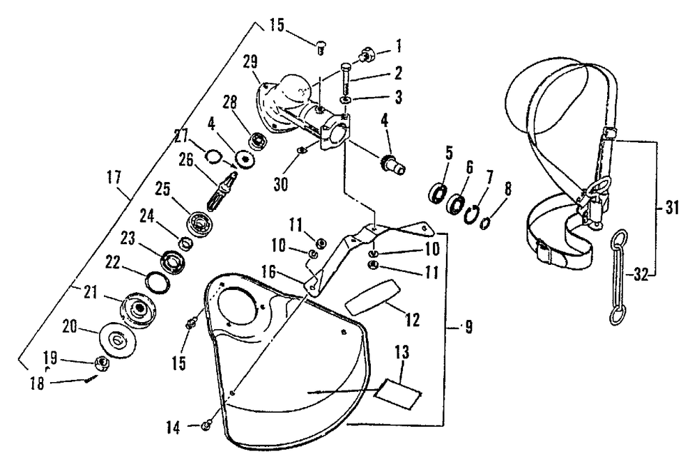 Gear Case, Shield, Metal, Shoulder Harness Diagram and Parts List for SRM-2501 043001 - 061968 Echo Trimmer