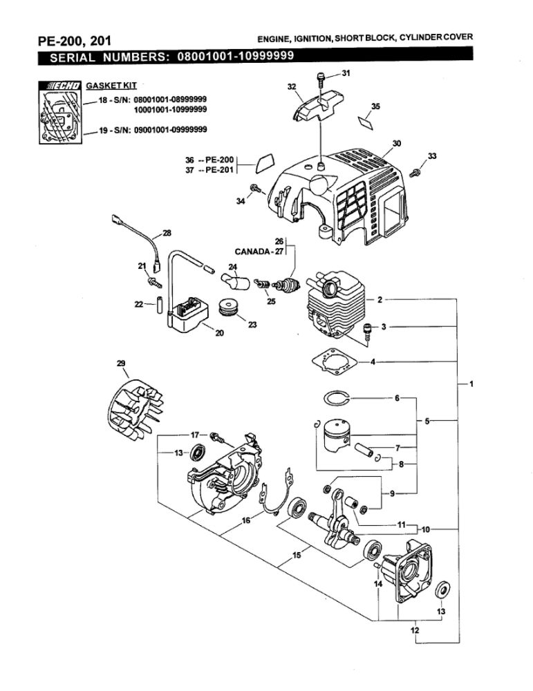 Engine, Short Block Diagram and Parts List for PE-200 07001001-07999999 Echo Edger
