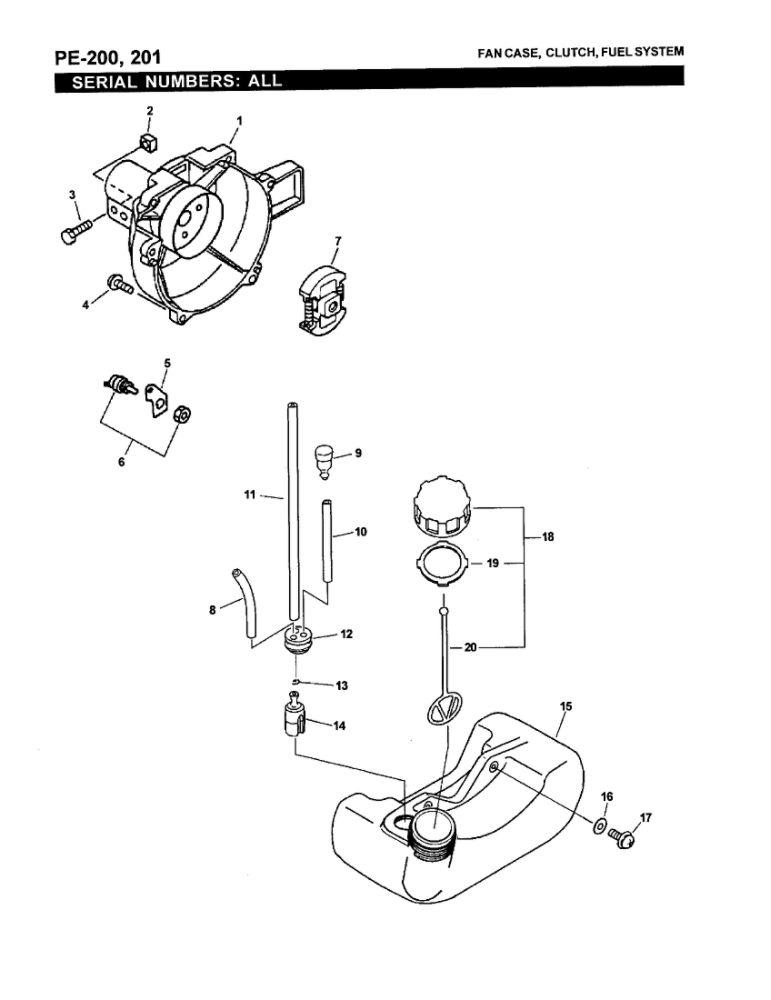 Fan Case/Clutch Diagram and Parts List for PE-200 07001001-07999999 Echo Edger