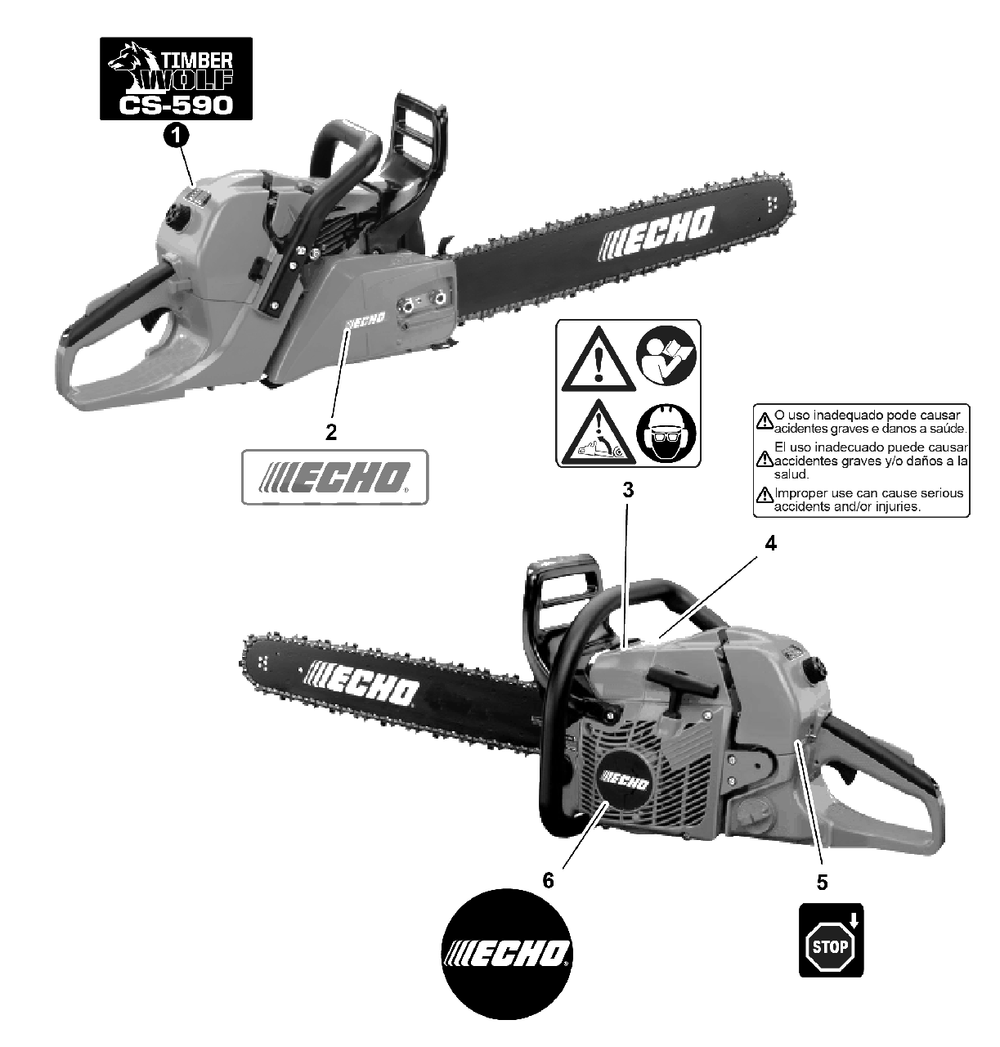 Labels Diagram and Parts List for CS-590 C84329001001 - C84329999999 Echo Chainsaw