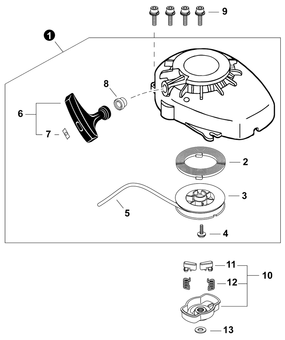 Starter Diagram and Parts List for TC-210 E14714001001 - E14714999999 Echo Tiller