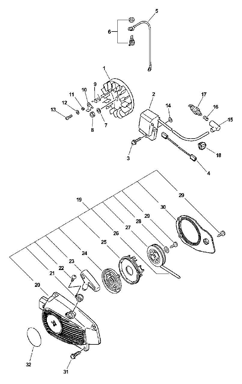 Ignition, Starter Assembly Diagram and Parts List for CS-3000 (Type 1)(00001001 - 99999999) Echo Chainsaw
