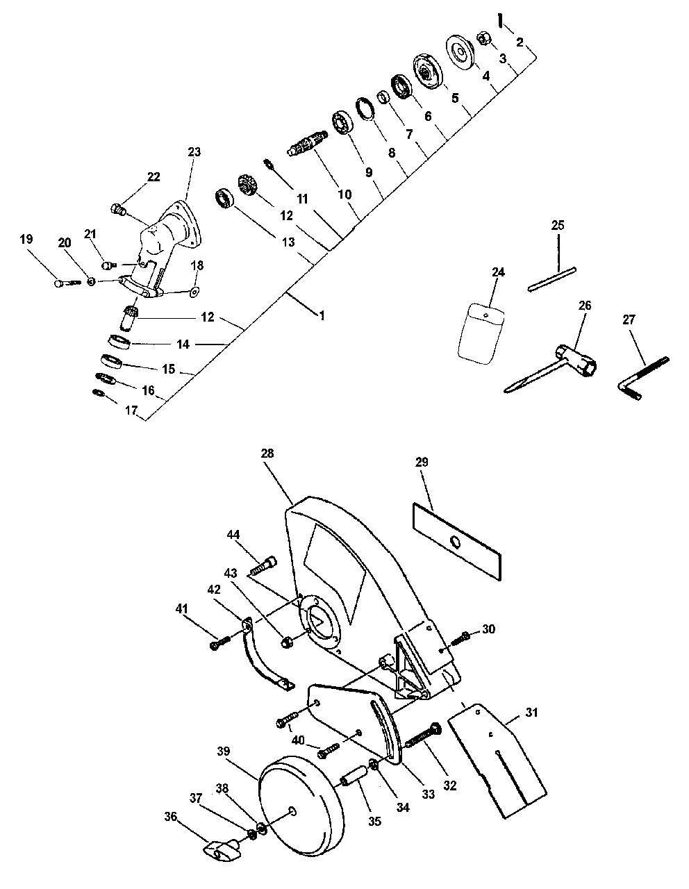Gearcase, Shield, Tools Diagram and Parts List for PE-2601 Type 1E Echo Edger