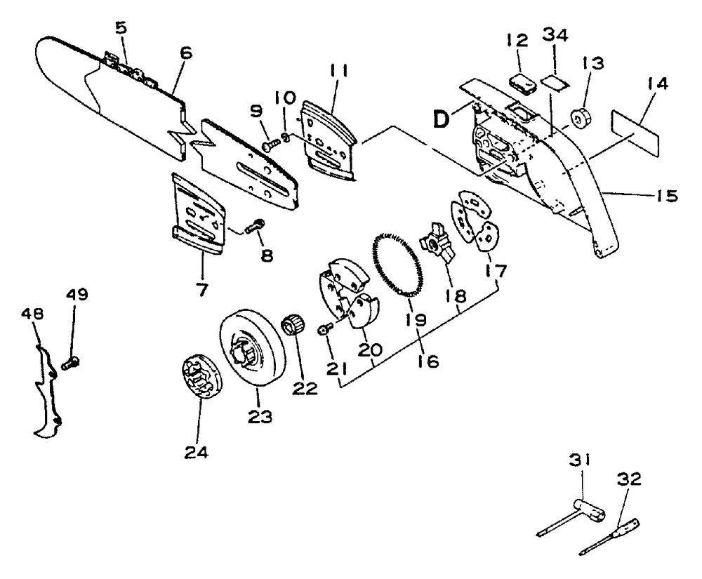Clutch, Cutting Attch, Tools Diagram and Parts List for CS-4600 0001001 - 0027191 Echo Chainsaw