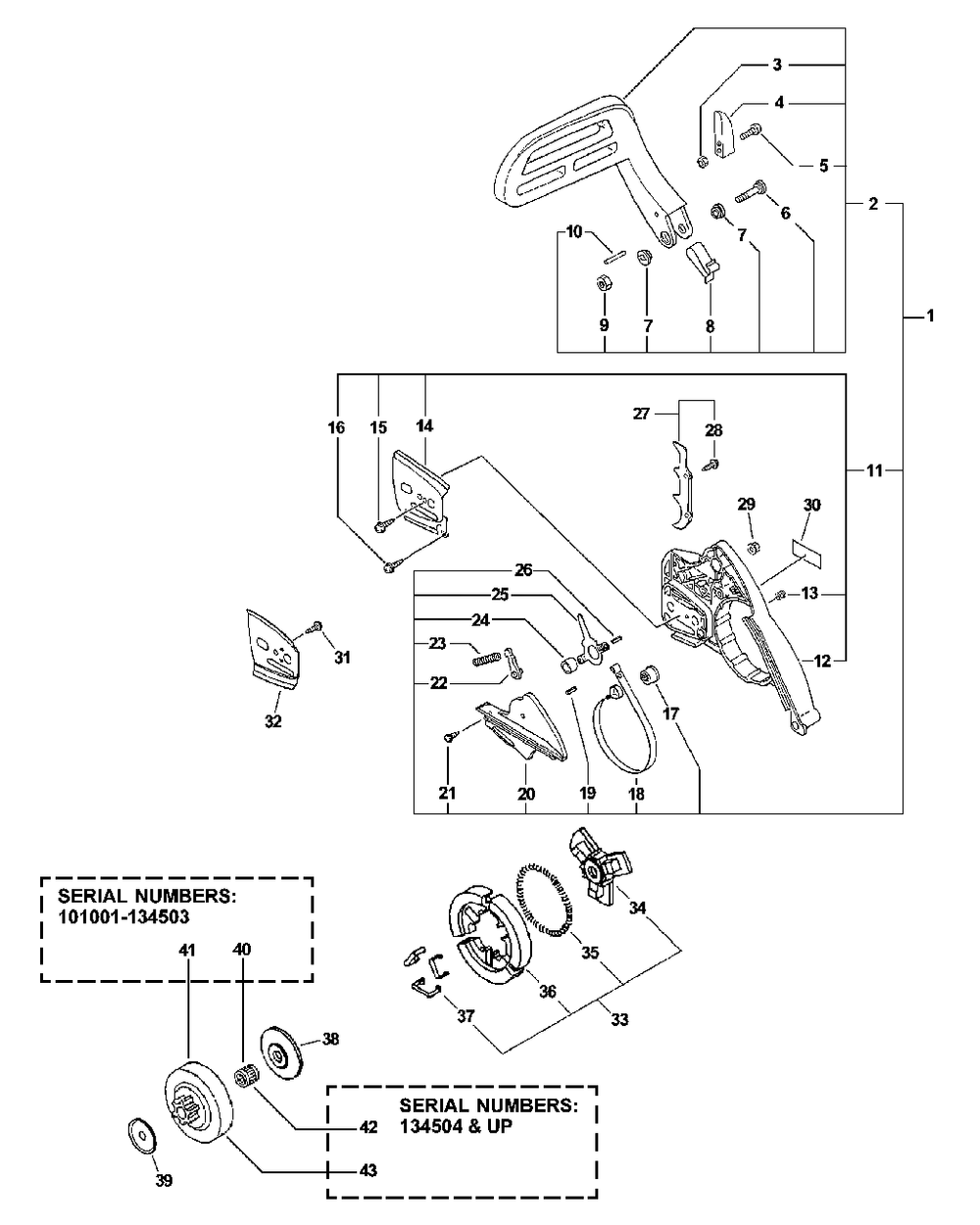 Chain Brake, Clutch Diagram and Parts List for CS-4400 (Type 1E)(101001 - 999999) Echo Chainsaw