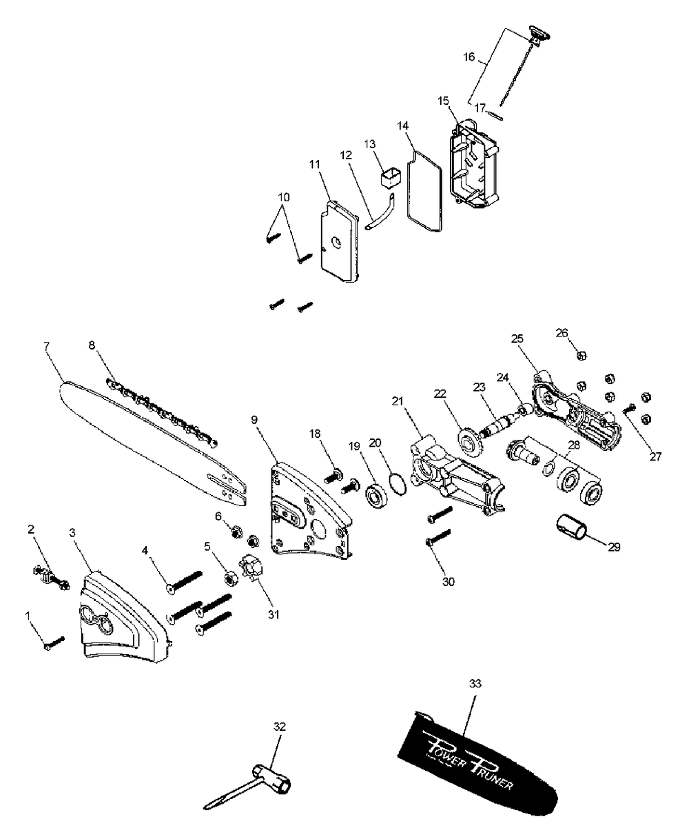 Gearcase, Guide Bar, Saw Chain, Oiler, Tools Diagram and Parts List for PPSR-2122 001001 - 504999 Echo Pole Saw