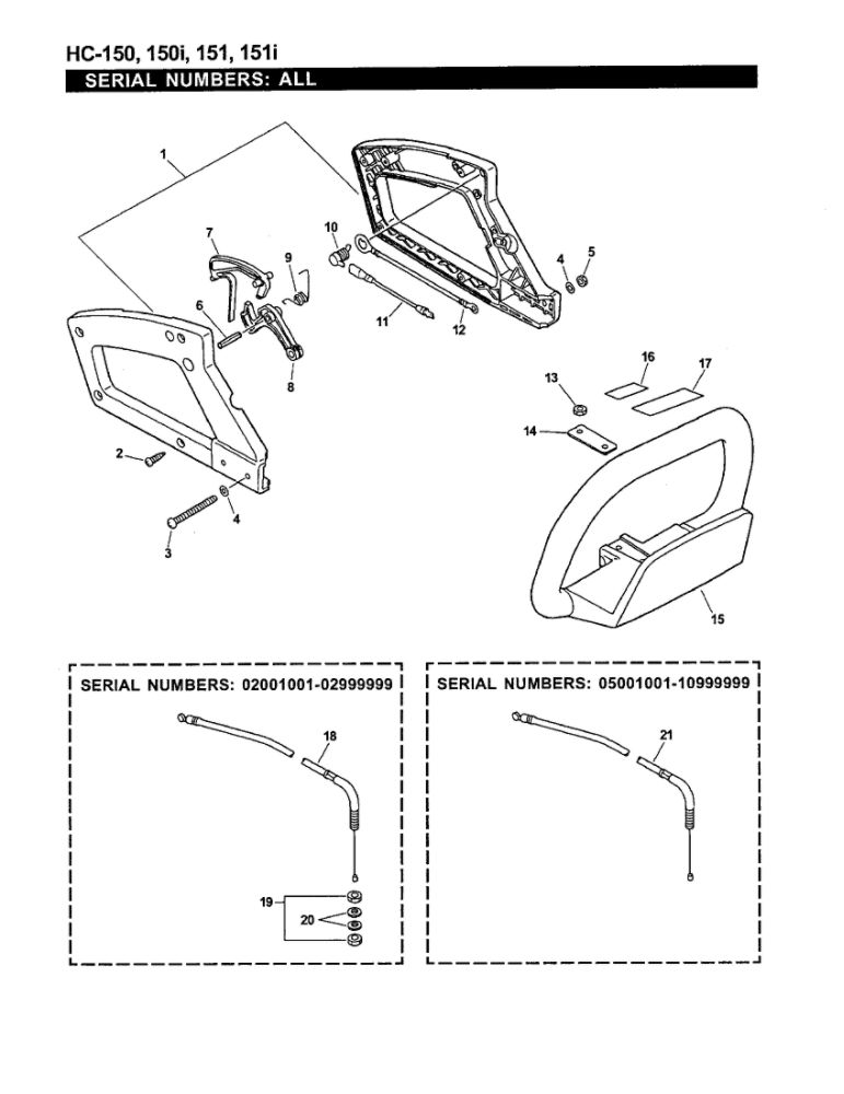 Handle/Ignition/Throttle Cable Diagram and Parts List for HC-151I 08001001-10999999 Echo Hedge Trimmer