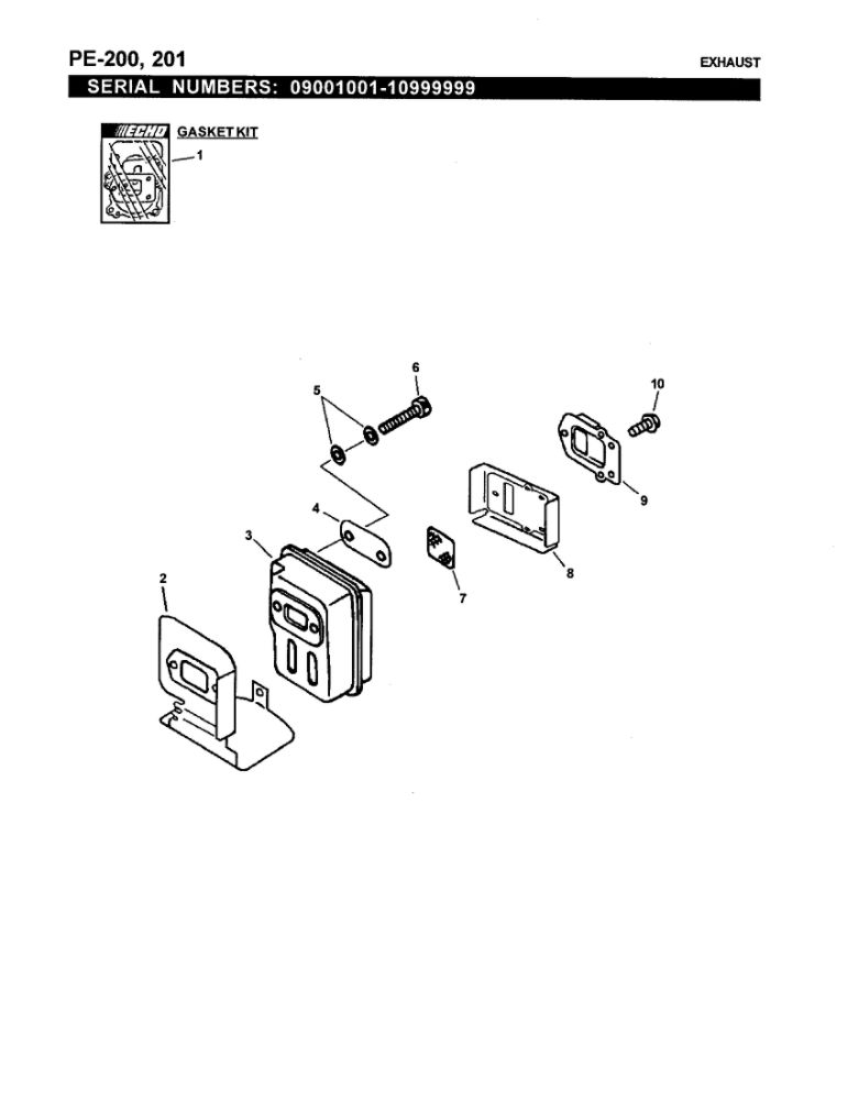 Exhaust 2 Diagram and Parts List for PE-200 07001001-07999999 Echo Edger