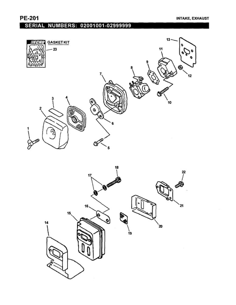Intake/Exhaust Diagram and Parts List for PE-200 07001001-07999999 Echo Edger