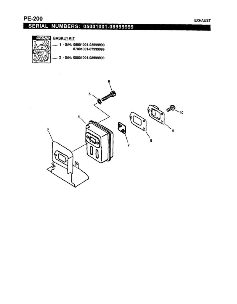 Exhaust 1 Diagram and Parts List for PE-200 07001001-07999999 Echo Edger