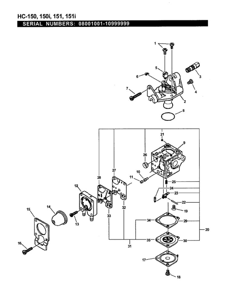 Carburetor Diagram and Parts List for HC-151I 08001001-10999999 Echo Hedge Trimmer