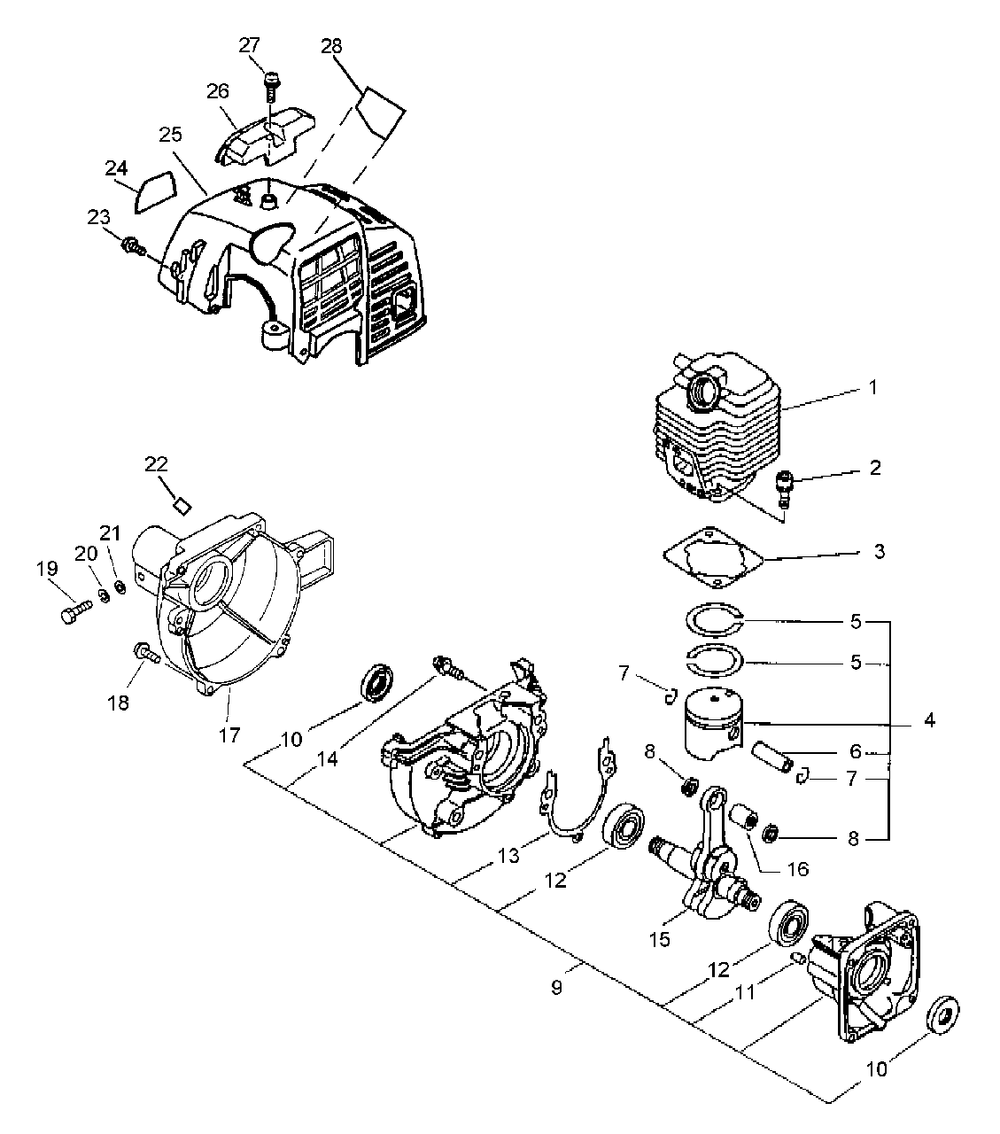 Crankcase, Engine, Engine Cover, Fan Case Diagram and Parts List for PPSR-2122 001001 - 504999 Echo Pole Saw