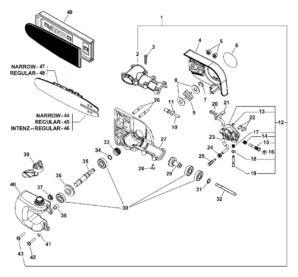 Gear Case, Auto-Oiler, Guide Bar, Chain S/N: 505900 - 999999 Diagram and Parts List for PPT-2400  Echo Pole Saw