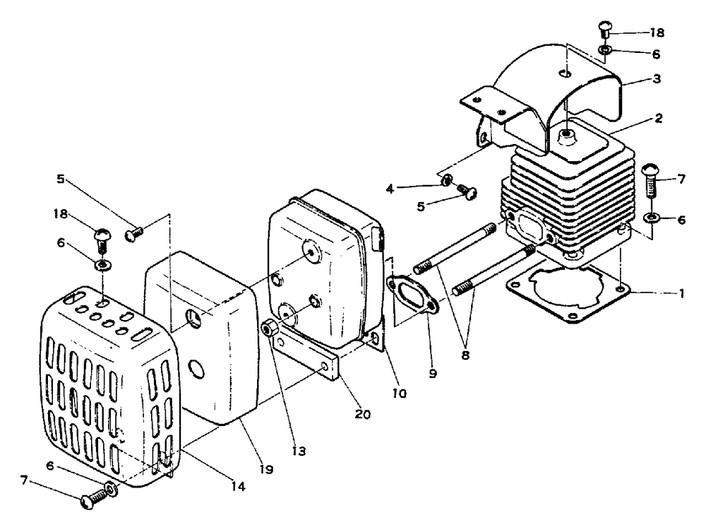 Cylinder, Muffler Diagram and Parts List for SRM-202 DA Version Echo Trimmer