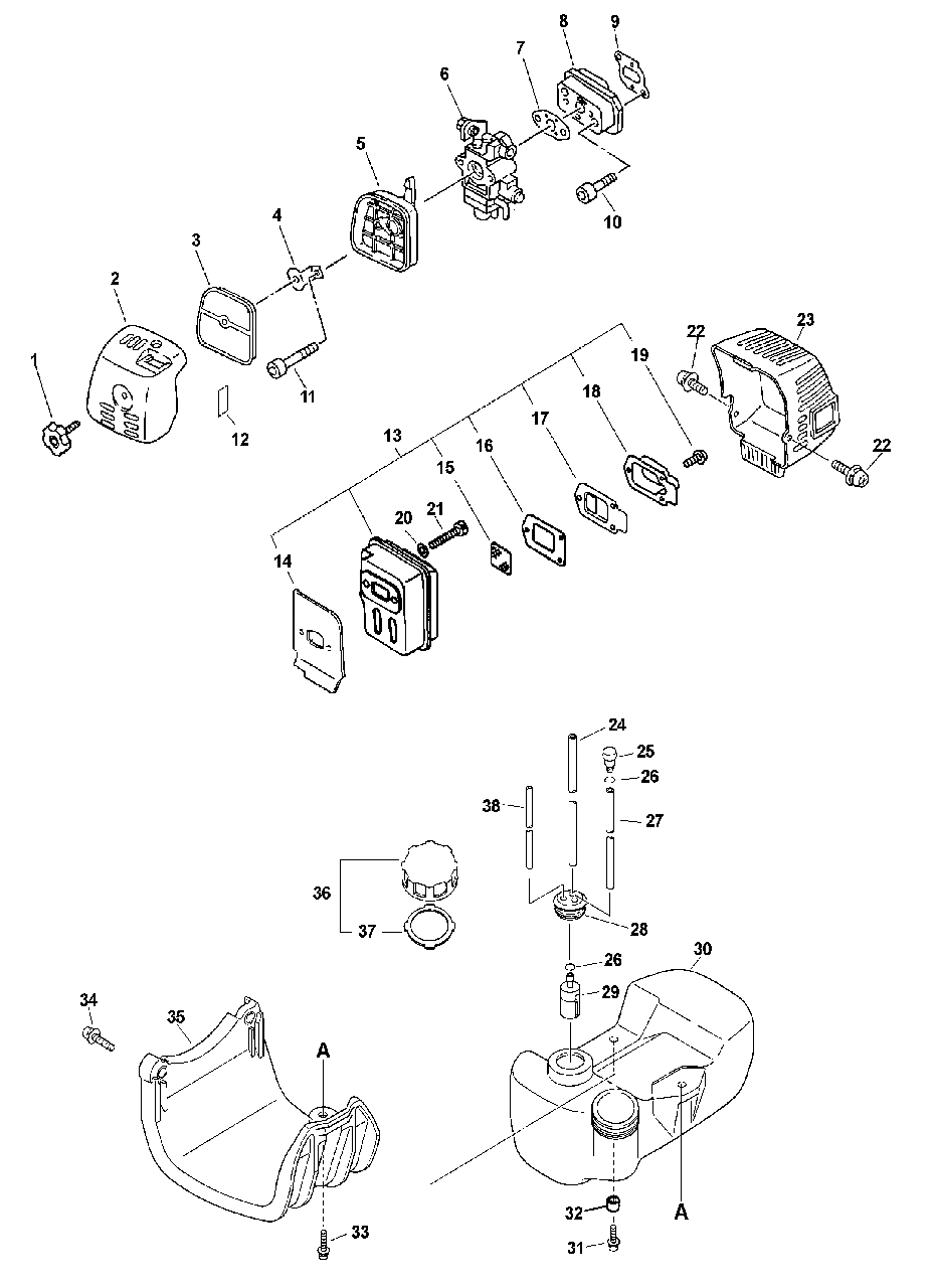 Intake, Exhaust, Fuel System, Stand Diagram and Parts List for PE-2601 Type 1E Echo Edger
