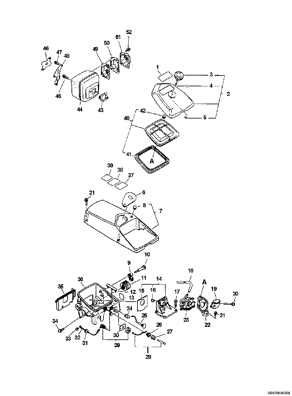 Intake, Exhaust, Air Cleaner Diagram and Parts List for CS-8000 Type 1E Echo Chainsaw