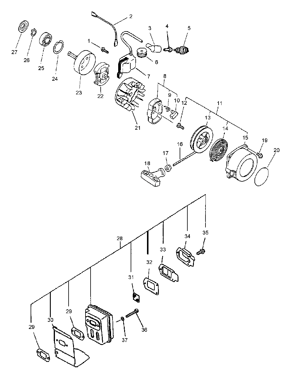 Ignition, Starter, Clutch, Muffler Diagram and Parts List for PPSR-2122 001001 - 504999 Echo Pole Saw